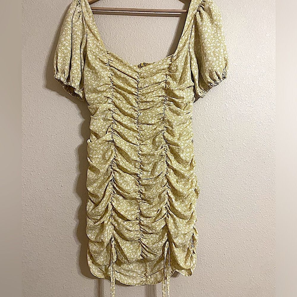 Mable Ruched Yellow Puff Sleeve Mini Dress